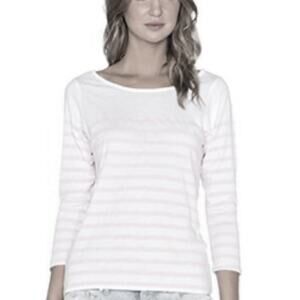 Monrow NWT Cream Sheer Beige Stripe Boatneck Frenchie 3/4 Sleeve Tee size Medium